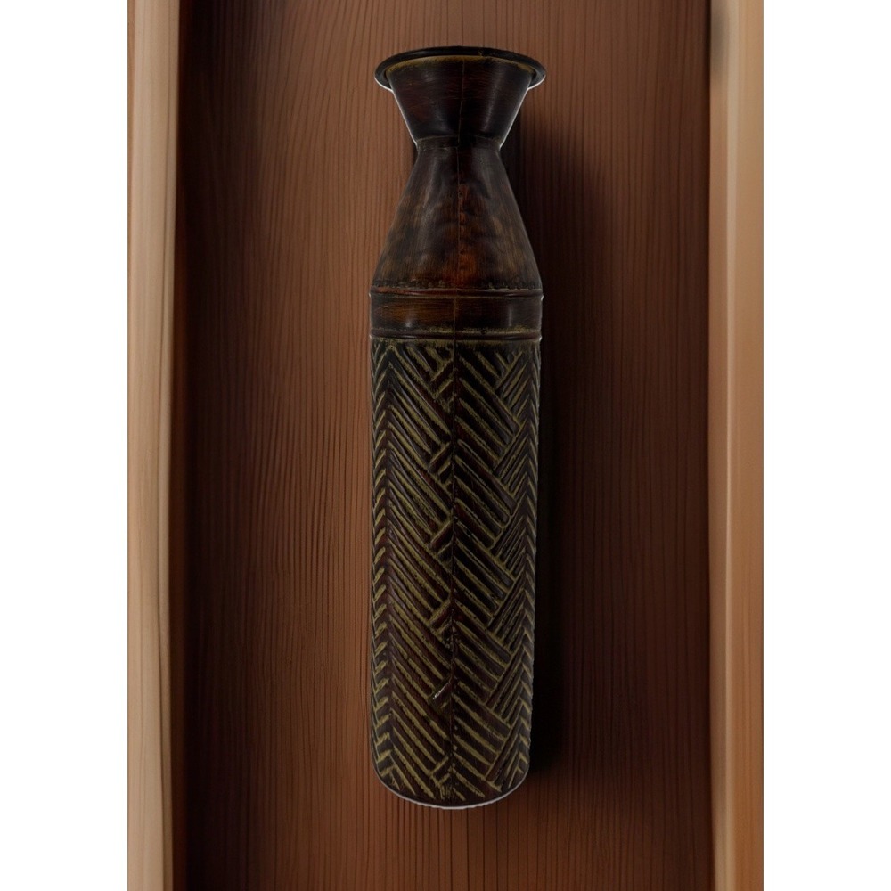 20" Metal Vase For Dried Flowers Or Decor Piece Tribal, Tropical Motif